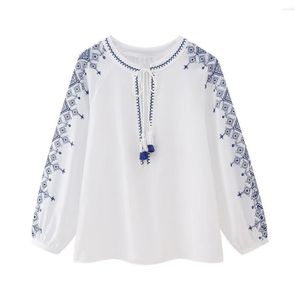 Camicette da donna Donna 2023 Fashion Summer Top manica ricamata Vintage lungo scollo a V Lace-Up Casual Chic Donna Wild Ladies Top