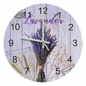 Relógios de parede Roxo Flor de lavanda Vintage Grão de madeira Ponteiro luminoso Relógio Enfeites para casa Redondo Silencioso Decoração de sala de estar