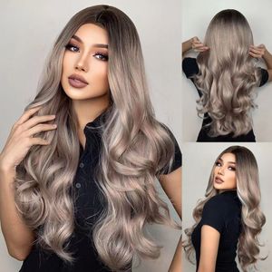 Long Wavy Gray Blonde Ash Synthetic Hair Wigs for Black Women Middle Part Ombre Wig Daily Cosplay Natural Hairfactory direct