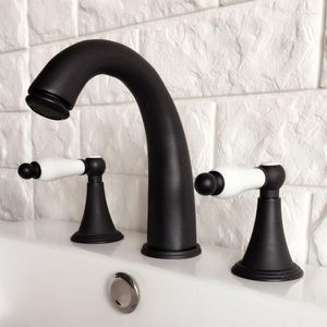 Bathroom Sink Faucets Black Oil Rubbed Bronze Double Handles 3 Holes Install Widespread Deck Mounted Basin Faucet Mixer Tap Mhg057