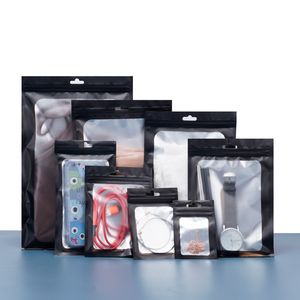 Siyah mat yarı saydam alüminyum folyo buzlu pencere kendi mühür çantası yeniden yeniden atıştırılabilir çorap hediyeler telefon aksesuarları için paketleme torbaları
