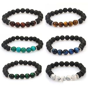 Beaded Black Lava Stone Bracelet With Tiger Eye Charm Natural Volcanic Beads For Men Women 8Mm Diffuser Jewelry Drop Delivery Bracele Dhrkf