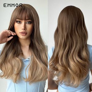 Synthetic Ombre Brown to Blonde Wigs Natural Blonde Wavy Hair Wig for Women Cosplay Orange-brown Daily Wigs with Bangsfactory direct