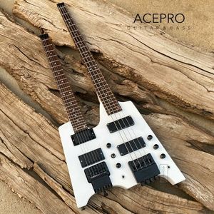 Guitarra elétrica de braço duplo sem cabeça de cor branca ponte tremolo guitarra de 6 cordas + baixo de 4 cordas combinação 24 trastes hardware preto