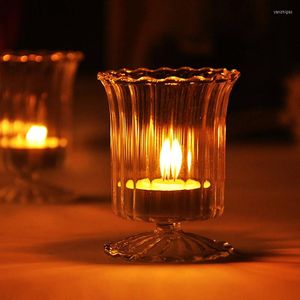 Castiçais Venda Vidro Transparente Iluminado Copo Jantar Castiçal Listrado Luz Casamento Romance À Luz De Velas Em Estoque