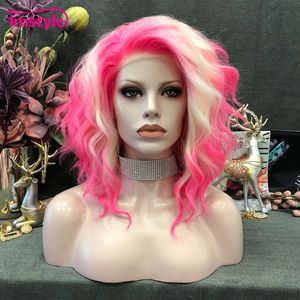 Dantelli peruk imstyle pembe sarışın peruk kısa sentetik ön iki ton ısıya dayanıklı fiber derin dalga kadınlar için cosplay 230609