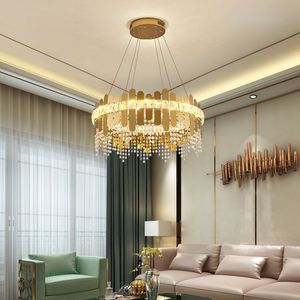 Lâmpadas pingente de lustre de ouro de luxo para sala de estar moderna led quarto cristal luminária de suspensão redonda decoração de casa cristal brilho