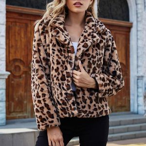 Women's Fur Women's Leopard Fleece Jacket Fashion Warm Winter Long Sleeve Casual Loose Turn-down Collar Wool Short Coat High Quality #40