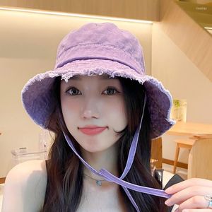 Wide Brim Hats Cool Korean Fisherman Hat Female Ins Retro Washed Frindge Edge Denim Sunscreen Shading Bucket With Windproof Rope