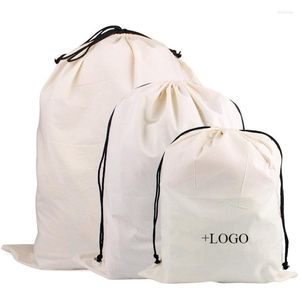 Present Wrap Eco Friendly Natural Cotton DrawString Bag Custom Logo Packaging Stor storlek 30x40/40x50/50x60cm Strängdukdamm