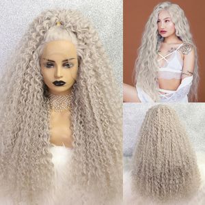 Pezzi di capelli Drag Queen Frontale in pizzo sintetico trasparente grigio rosa Afro crespo ricci Cosplay per donne nere 230609