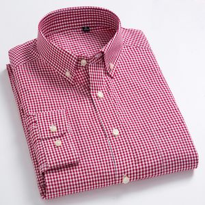 Men's Dress Shirts Man Standard-Fit Long-Sleeve Micro-Check Shirts Patch Pocket Thin Soft 100% Cotton White/red Lines Plaid Casual Versatile Shirt 230609