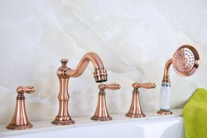 Bathroom Sink Faucets Antique Red Copper Brass Deck 5 Holes Bathtub Mixer Faucet Handheld Shower Widespread Set Basin Water Tap Atf220