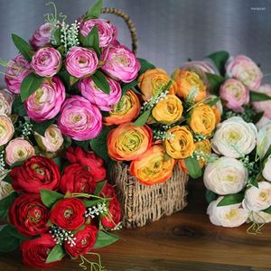 Dekorativa blommor 10 huvuden Artificial Camellia Rose Flower Gunch Greenery Leaves Floral Arrangement Bridal Bouquets Party Supplies Home