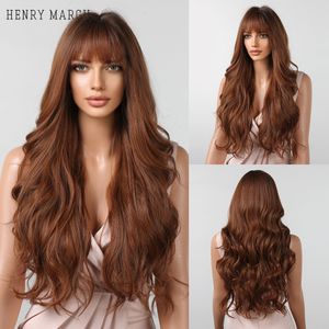 Copper Brown Long Curly Wave Synthetic Wigs with Bangs for Black Women Christmas Cosplay Natural Heat Resistant Hairfactory dir