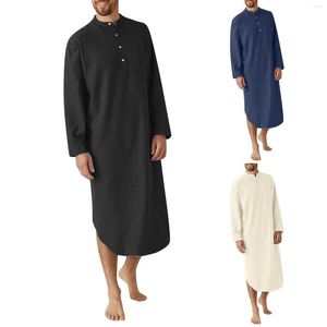 Abbigliamento etnico Jalabiyat Ramadan 2023 Arabo per uomo Abito saudita Vestaglia musulmana Maniche lunghe Jubba Tinta unita Girocollo Maxi