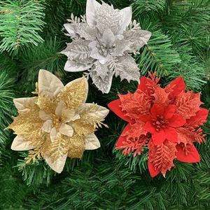 Fiori decorativi 5 pezzi 14 cm glitter decorazioni artificiali per l'albero di natale per la casa anno navidad natale noel forniture per feste di nozze