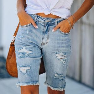 Women's Shorts Plus Size Summer Denim Women Rhinestone Mid Waist Ripped Frayed Hem Tessles Stretchy Jean Women's