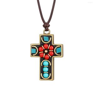 Pendant Necklaces Copper Cross Religious Inlay Nepal Beads Leather Chain Necklace Antique Lucky Jewelry For Women Men