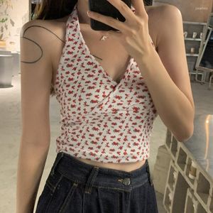 Kvinnors tankar fragmenterade blommor topp t-shirt hängande nackband kvinnor sommarstoppar sexig v-hals cool flicka kort streetwear