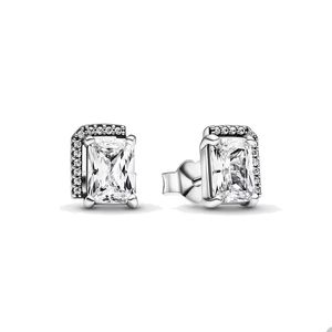 Rectangular Sparkling Halo Stud Earrings for Pandora Real Sterling Silver Jewelry designer Earring Set For Women Crystal Diamond Luxury earring with Original Box