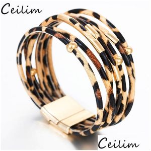 Braccialetti in pelle di leopardo della Boemia a catena per donna Braccialetti alla moda per uomo Braccialetti eleganti fatti a mano Mtilayer Wrap Wide Wristband Drop De Dhgoy