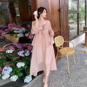 Work Dresses Women Pink Suit Sunscreen Jacket Cardigan And Midi Long Sundress Two Piece Set Matching Outfit Korean Party Sexy Clothing 2023