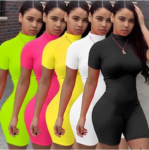 Kadın tulumları atlayanlar fitness kadınlar sokak kıyafetleri neon bodysuit sahte boyun kısa kollu gündelik oyunlar yüksek elastik seksi sıkı spor tulum 230609