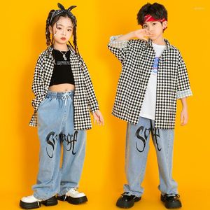 Scene Wear Children Hip Hop Dance Clothes Plaid Shirt Tops For Girls Casual Denim Pants Jazz Performance Rave Kid Street Costume