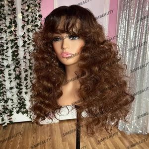 Dark Roots Bronzed Brown Deep Loose Wave 100% Remy Full Lace Human Hair Black Women Wigs with Bangs Glueless Fringe 360 Lace Frontal Wigs