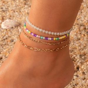 Tornozeleiras Multicamadas Contas de Arroz Corrente Concha Tornozeleira Conjunto Para Mulheres Exquisite Imitação Pérola Mar Pulseira Na Perna Pé Jóias de Verão