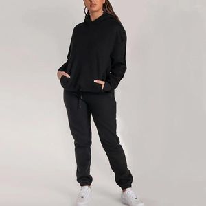 Kvinnors tvådelade byxor 2 datorer/set Women Autumn Tracksuit huva Elastisk midja Långa ärmar Pullover Keep Warm Patch Pocket Winter Hoodie