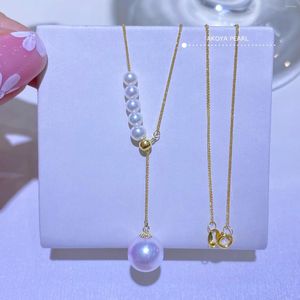 Ketten G18k Gold Y Verstellbare Halskette 3-9mm Natürliche japanische weiße Akoya-Perlen Luxus echte Meerwasserperlen Schmuck für Frauen