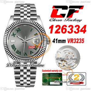 Clean CF Date 41mm 126334 VR3235 Automatic Mens Watch Grey Dial Green Roman Markers 904L JubileeSteel Bracelet Same Serial Card Super Edition Watches Puretime C3