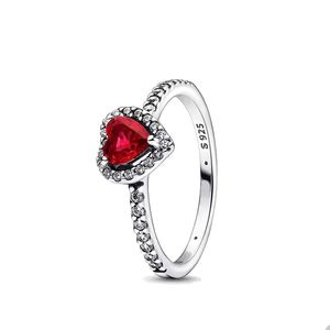 Erhöhter roter Herzring für Pandora, authentischer Ehering aus Sterlingsilber, Designer-Schmuck für Frauen und Mädchen, Kristall-Diamant-Liebesring mit Original-Box-Set