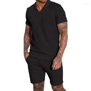 Men's Tracksuits Waffle V-neck Short Sleeve Shorts Set Polo Fashion Slim Fit Men's Summer Clothing 2023 Mens Clothes