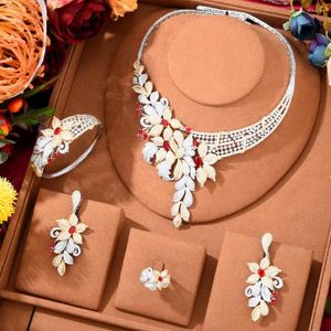 Halsbandörhängen Set Godki 4st Red CZ Luxury African Jewelry for Women Wedding Party Zircon Crystal Dubai Bridal