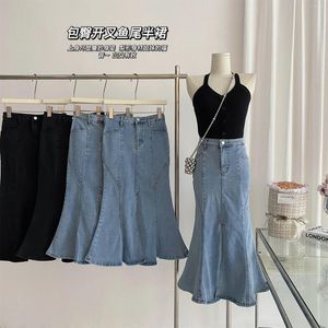 Saias Feminina Com Folhos Divididos Slim Denim Saia Trompete Verão Casual Comprimento Meia Cintura Alta Stretch Faldas Moda Coreana Jupe