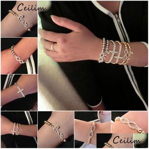 Beaded Jewelry Gold Sier 6Mm Beads Cross Bracelets For Women Cute Fl Crystal Infinity Charms Adjustable Barcelet Wholesaler Drop Deli Dhgfa