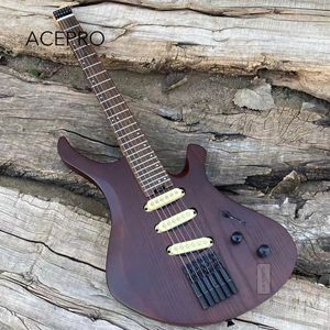 Acepro Başsız Elektro Gitar Koyu Kahverengi Renk Kül Vücudu Paslanmaz Çelik Kıvrık Kavrulmuş Akçaağaç Boyun 3 Tek Pikaplar Guitarra