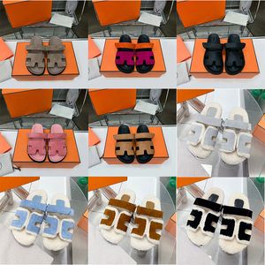 Women designer H slipper slides winter shoes men classic casual woman slippers Flat Leather Home Slides Shoes white black with Box