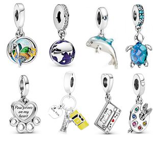 Pandora-925 Sterling Gümüş Dangle Charms Dolphin Turtle Kolye Kolye Süslemesi Ayarlanabilir Çekme Bilezik Boncuk, Satın Alma Üzerine Ücretsiz Pandora Kutusu