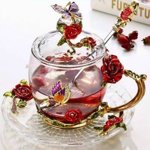 Muggar Red Rose Emamel Glass Coffee Mugs Tea Cups and Mugs Handgjorda värmebeständiga glasögon Vatten Cup Drinkware Lover Gift Wedding Cup 230609