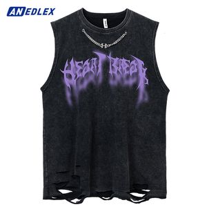 Men's Tank Tops Hip Hop Men Punk Necklace Washed Ripped Vest Streetwear Letter Graphic Vintage Tank Top Summer Casual Sleeveless Cotton Vest 230609