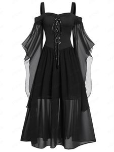 Grundläggande avslappnade klänningar Vintage Women Halloween Witch Cosplay Costumes Gothic Off Shoulder Lace-Up Bandage Mesh Sheer A-Line Long Cami Dress Party Wear 230609
