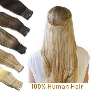 Hair pieces Wire in Extensions Human Straight Fish Line Natural Fusion with Clips Weft For Women 230609