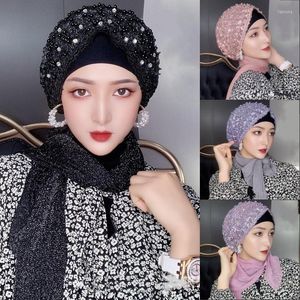 Ethnic Clothing Elegant Women Lace Beaded Scarf Cap Wedding Full Cover Turban Head Wrap Hijab Shawls Headscarves Muslim Islamic Ramadan