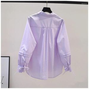 Women's Blouses Design Sense Pleated Tie Up Long Sleeved Pink Cotton Shirt For Women Loose Fitting Spring/Summer 2023 White Purple Top