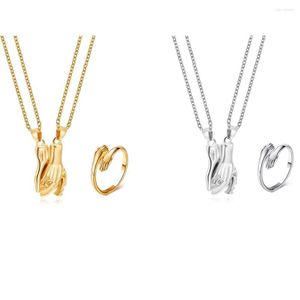 Anhänger Halsketten Romantische Umarmung Handschmuck Sets für Frauen Valentinstag Verstellbare Geometrie Exquisite Ringpaar Geschenkzubehör 2023