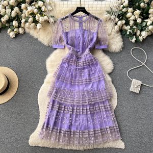 Casual Dresses 2023 Runway Designer See Through Lace Patchwork Long Dress Summer Women Short Sleeve Mesh Embroidery Slim Party Vestidos